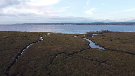 Drone-shot-of-a-salt-marsh-at-high-tide,-slowly-pushing-in-toward-the-sea