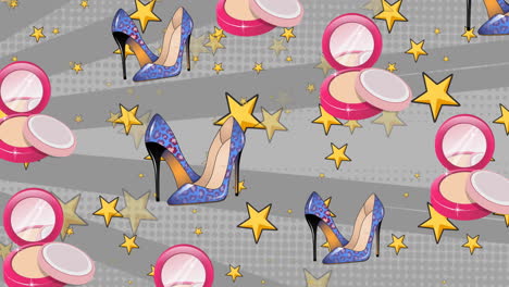 animation of blue high heels and powder over stars and lines on grey background