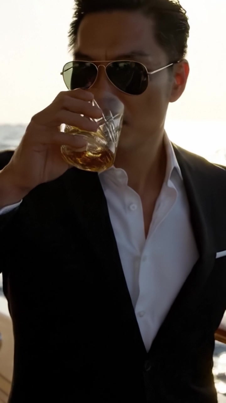 Un uomo elegante che si gode un cocktail al tramonto su uno yacht di lusso, emanando sicurezza ed eleganza con il suo drink in mano contro un orizzonte dorato.