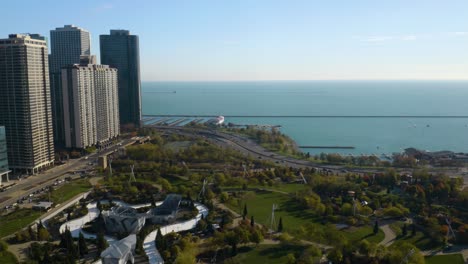 beautiful aerial view of maggie daley park in downtown chicago on clear day