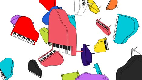 muchos pianos coloridos sobre un fondo blanco.