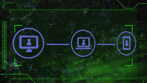 animación de iconos y red de conexiones sobre fondo oscuro