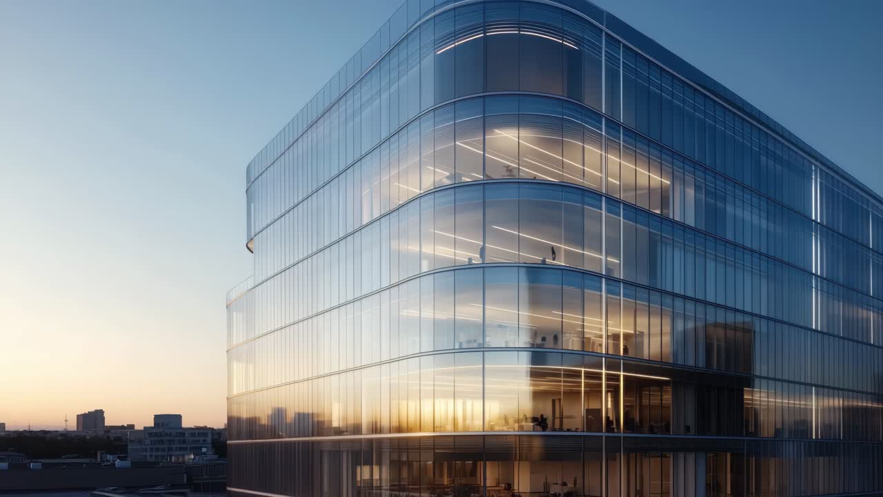 Vista aérea de un moderno edificio de oficinas de cristal al atardecer, mostrando una arquitectura elegante y un entorno urbano.