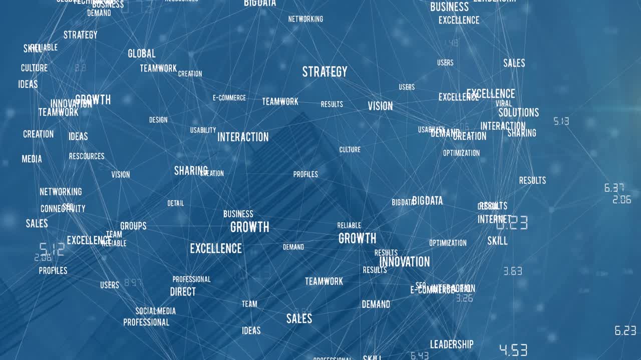 animación de textos de concepto de red de negocios frente a una vista de ángulo bajo de un edificio alto