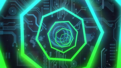 animation of blue and green neon geometrical shapes over data processing