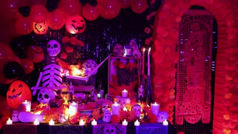 ofrendas en la mesa para el día de los muertos, luz rosa