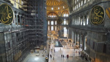 people inside the hagia sophia, turkey. ancient hagia sophia or ayasofya is one of the top tourist attractions of istanbul. view of the old interior of hagia sophia