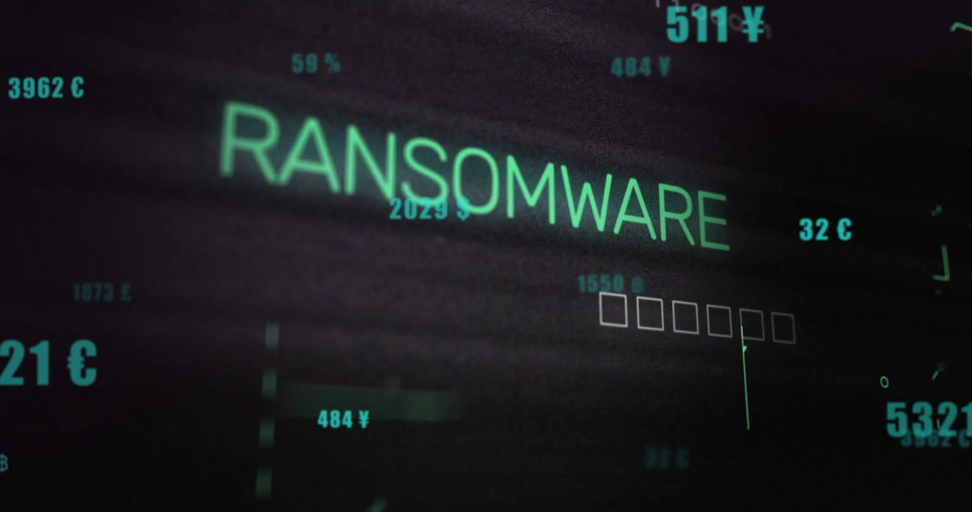 Floating currency starting letters morphing into RANSOMWARE over circuit board showing cyber threat