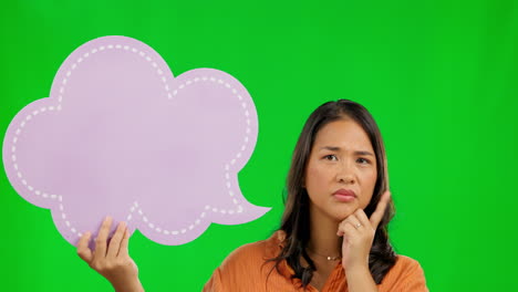 asian woman, thinking and speech bubble on green