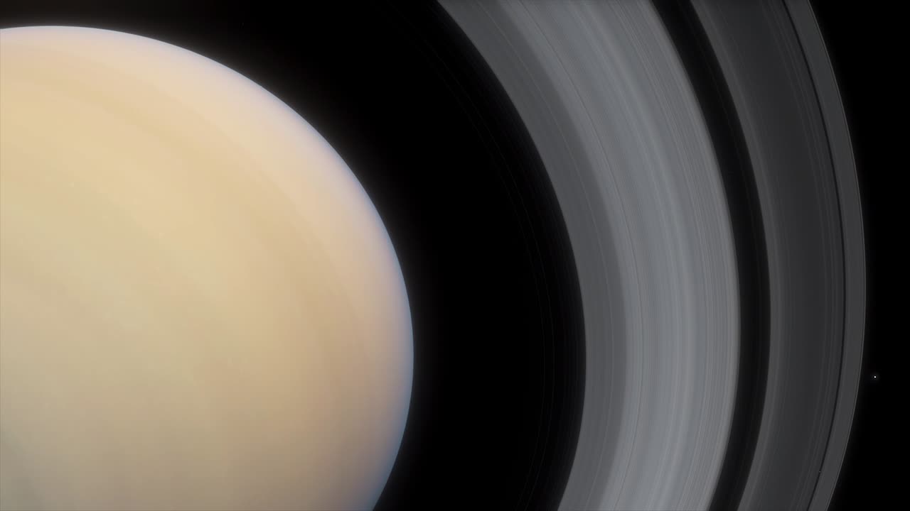 Saturn er en kæmpe planet i solsystemet med smukke ringe. Cinematisk animation af planeten Saturn