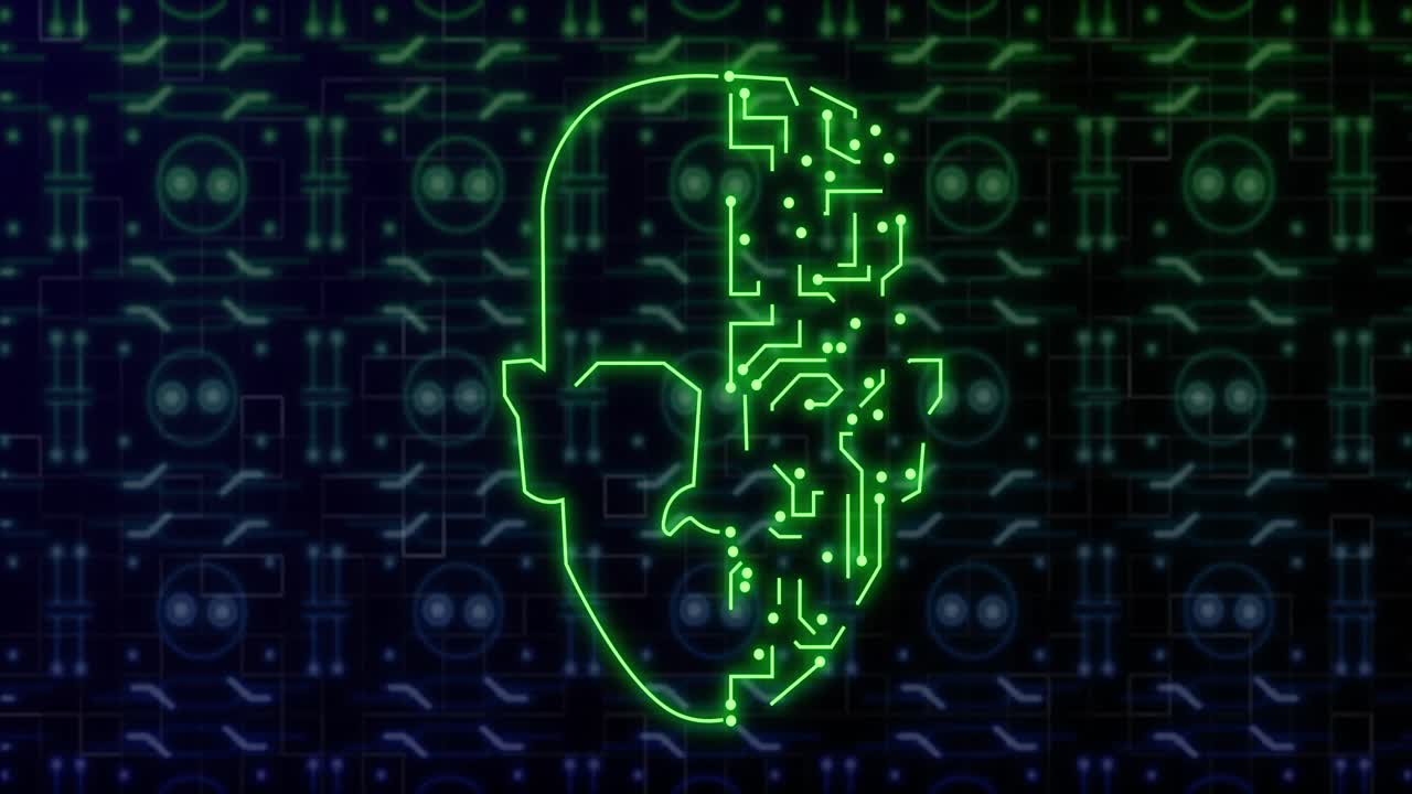 animación de la cabeza digital sobre la red de conexiones y formas