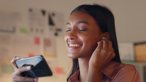 Phone,-dancing-and-music,-a-woman-with-earphones