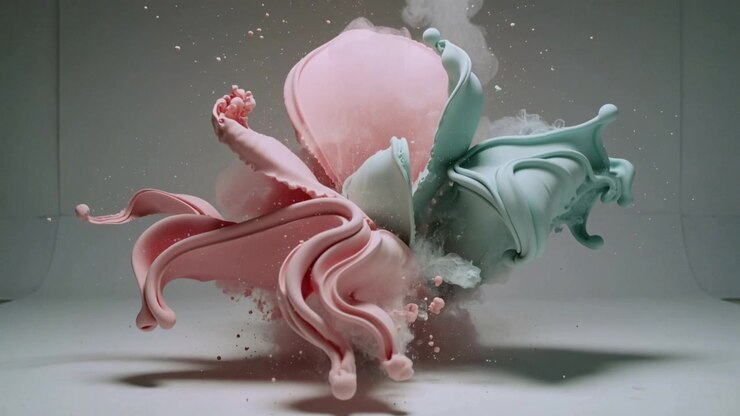 Espandendosi da masse viscose rosa e verde acqua esplose, che formano una scultura a petalo per il test, espellendo nebbia.