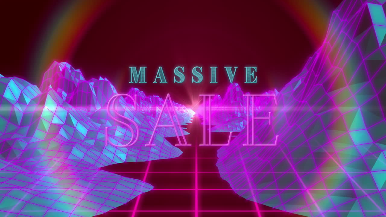 디지털 대량 판매 텍스트의 애니메이션은 산 사이를 이동하고 그리드 패턴을 둘러싸고 있습니다.