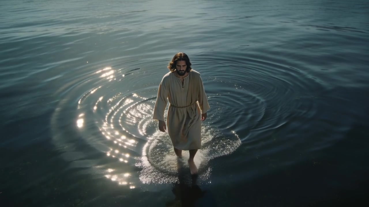 Uomo che cammina in una veste leggera, che si allontana, attraversando un lago come una figura biblica, creando increspature.