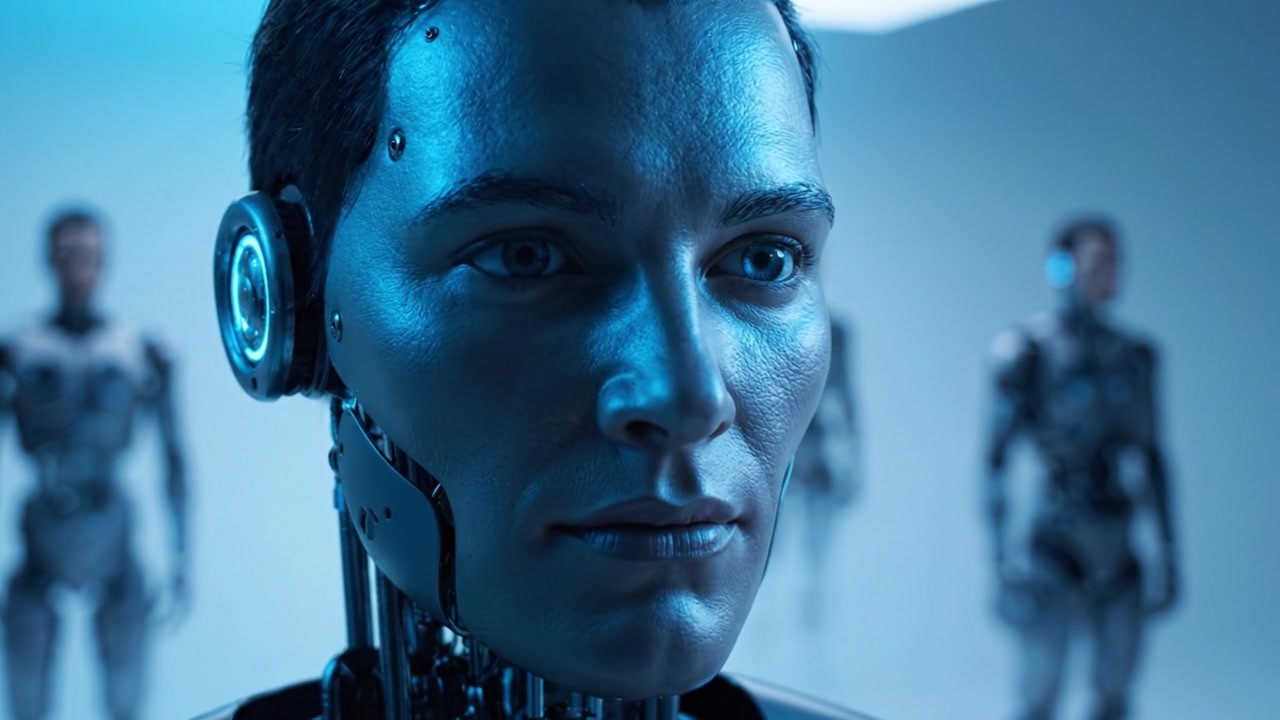 Robot umanoidi futuristici sono protagonisti in un ambiente affascinante illuminato di blu, mostrando design e tecnologia avanzati, segnalando una nuova era della robotica.
