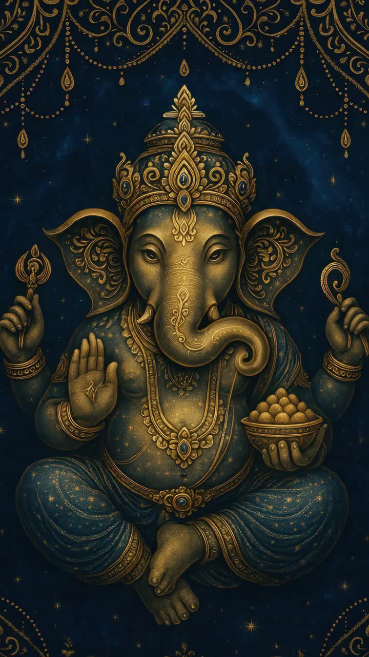 Intricate, gold-toned illustration of Ganesha on a deep blue background, captured from a frontal