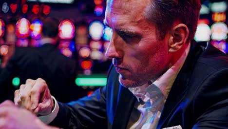 hombre concentrado en las tragamonedas del casino