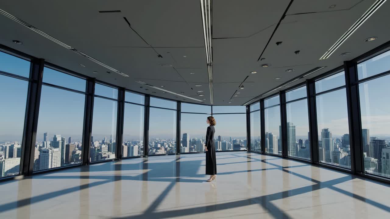 Businesswoman in a black suit is standing in a modern office with large windows, enjoying the panoramic view of a cityscape, contemplating the urban landscape and its vastness
