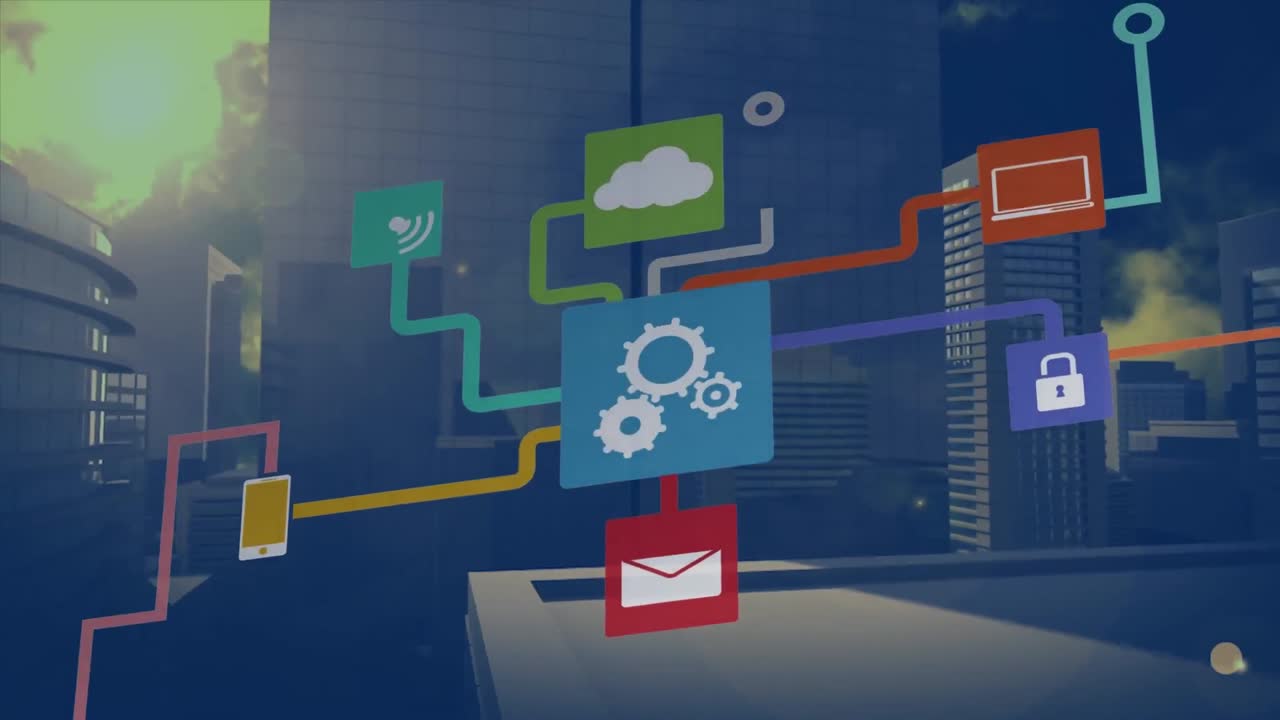 Animation of media icons over cityscape