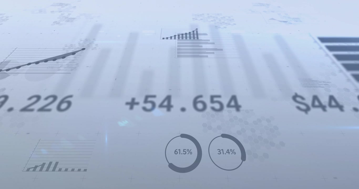 Animation af finansielle data og grafer over grå baggrund