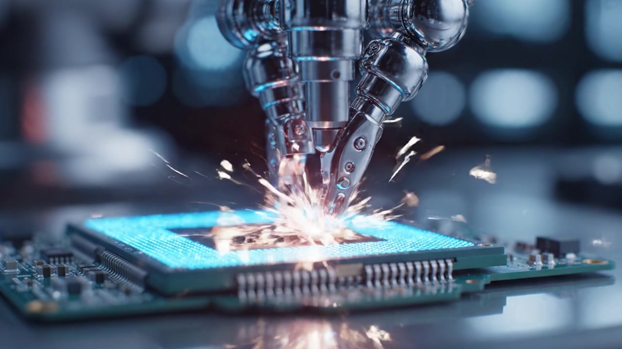 Lengan Robot Terampil Menangani Mikroprosesor di Jalur Perakitan Canggih, Menampilkan Teknologi Mutakhir dalam Dunia Manufaktur Elektronik