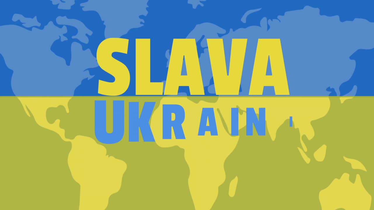 animación de slava ukraini texto sobre el mapa del mundo y la bandera de ucrania