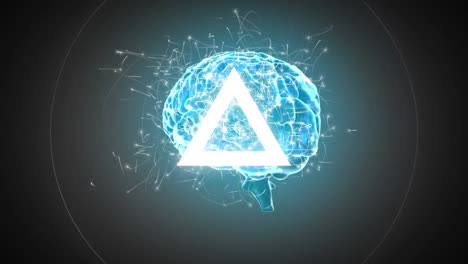 animation of looping triangle in circles blinking over flying dots around illuminated digital brain