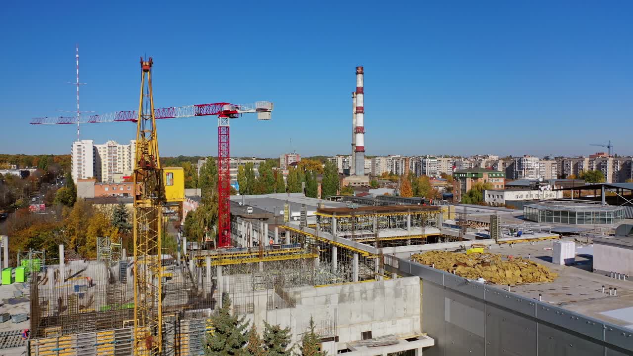Construction site shot from above. Construction site with crane working Outdoor