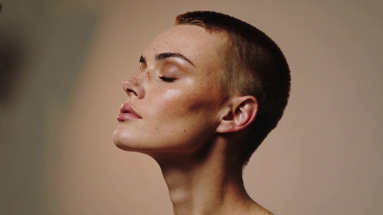 Lifting adult female model extending neck and tilting head upward at studio, softbox entering left