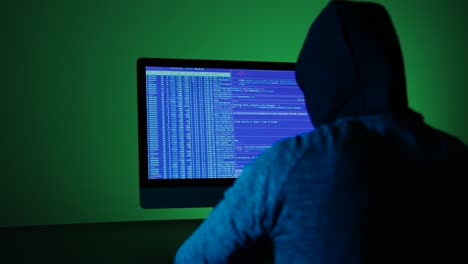 back view of hacker programmer wearing a hood, writing green code in a computer screen. unrecognizable man hacking in a dark room.