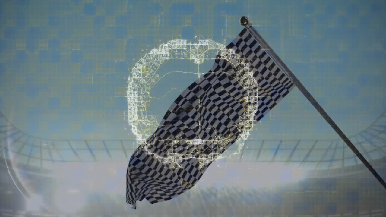 Bandiera che sventola nello stadio mossa dal vento, con un anello digitale che si forma, pulsa e svanisce per mostrare energia