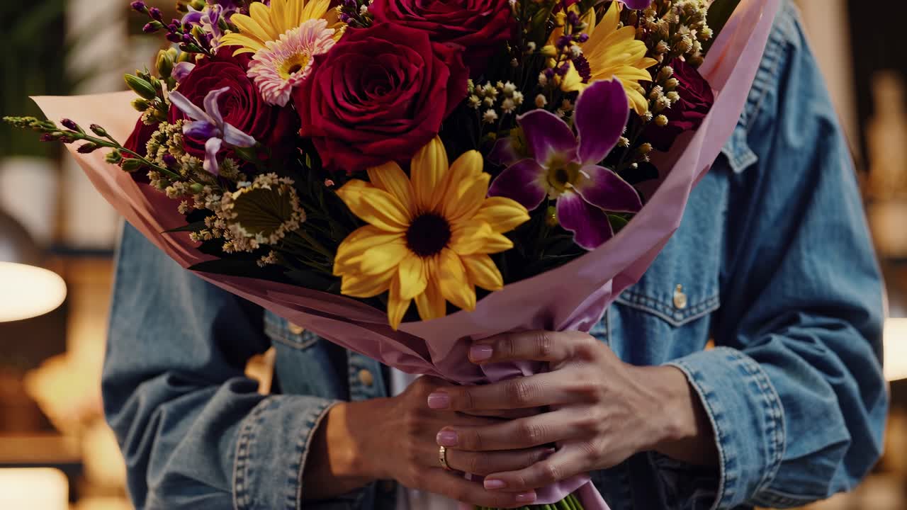 Video ravvicinato di un vivace bouquet di fiori tenuto da una persona con una giacca di jeans.