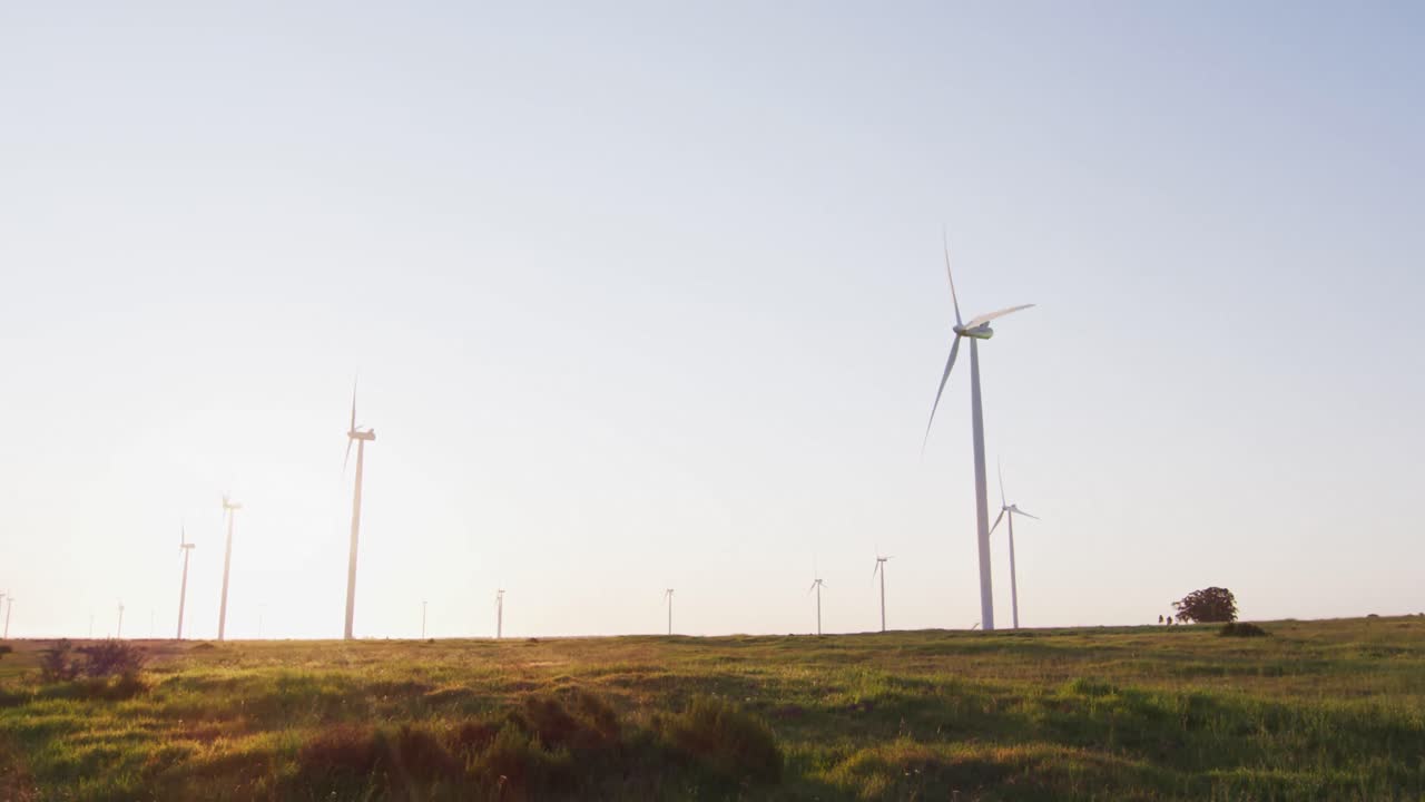 구름 없는 하늘을 가진 시골 풍경에서 풍력 터빈의 일반적인 모습