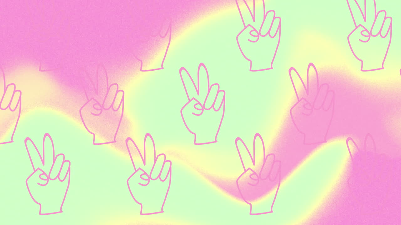 평화 기호 손으로 유기적으로 움직이는 파스텔 분홍색과 초록색 모양의 애니메이션