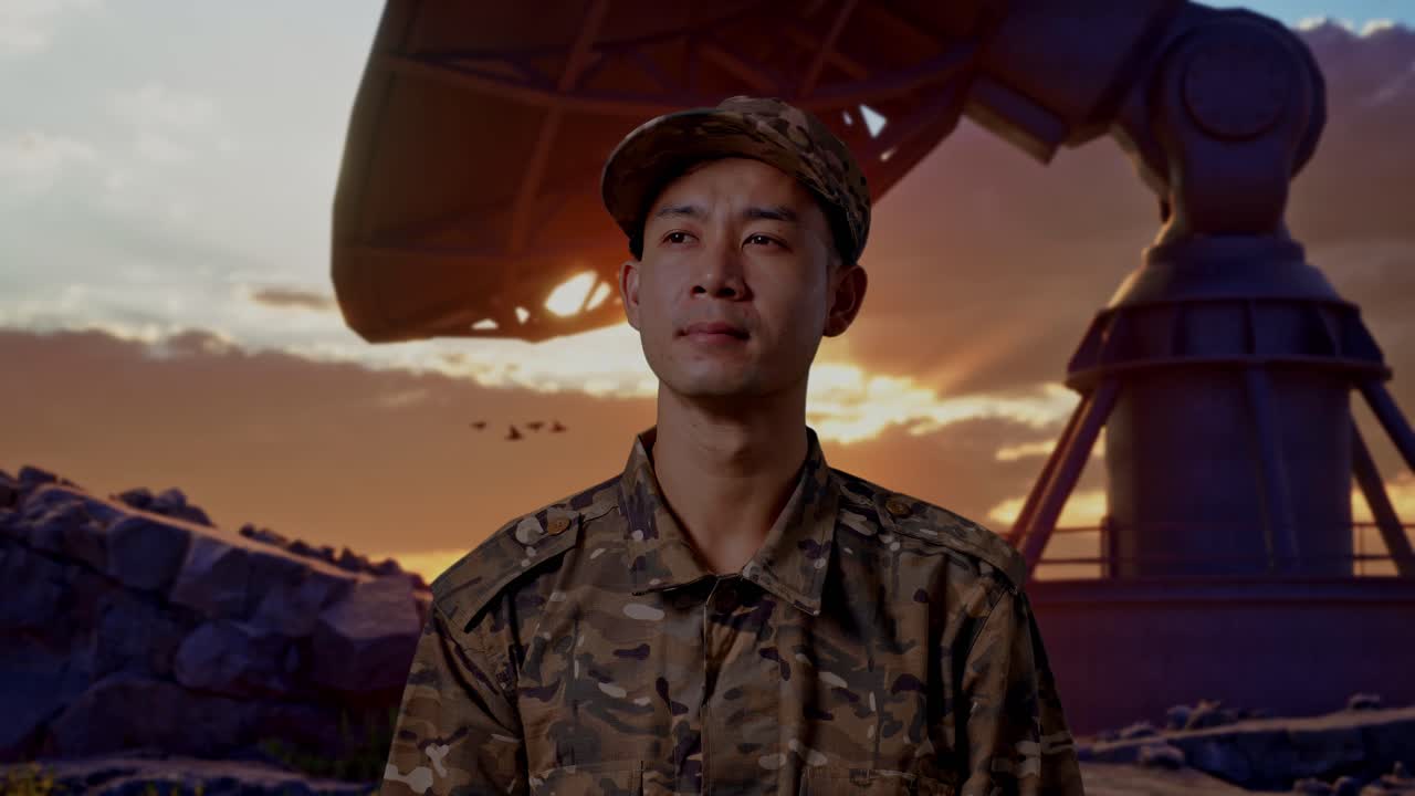 Close Up Of Asian Man Soldier Looking Around While Standing With Satellite Dish