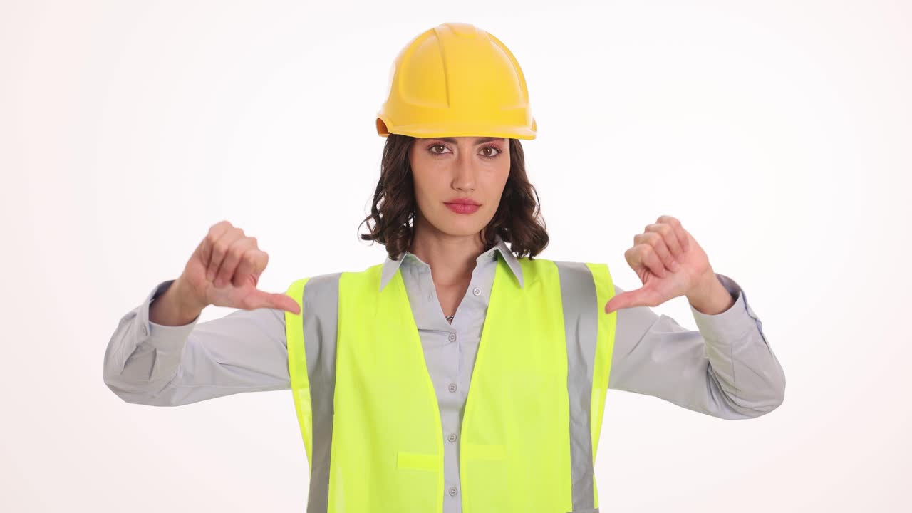 Female construction worker or engineer shows disapproval with thumbs down