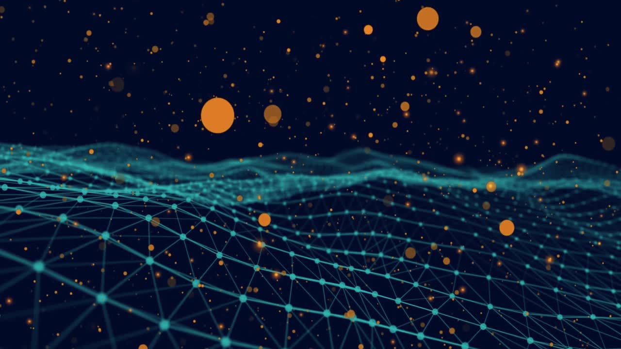 Animation of yellow spots of light over digital wave against blue background