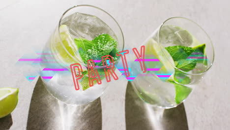 animación de texto de neón de la fiesta y cócteles en el fondo