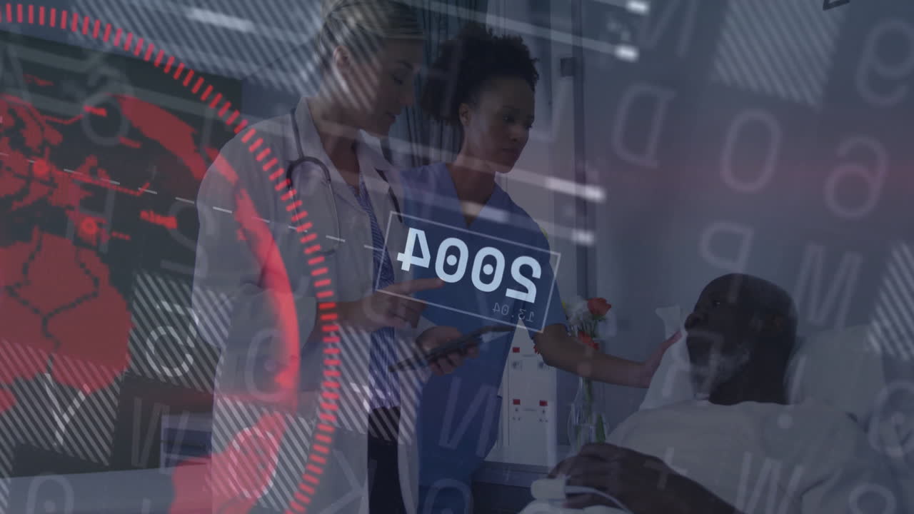 medical team monitoring patient in hospital room, with AR overlays showing binary data