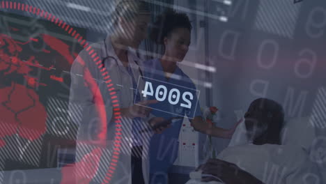 medical team monitoring patient in hospital room, with ar overlays showing binary data