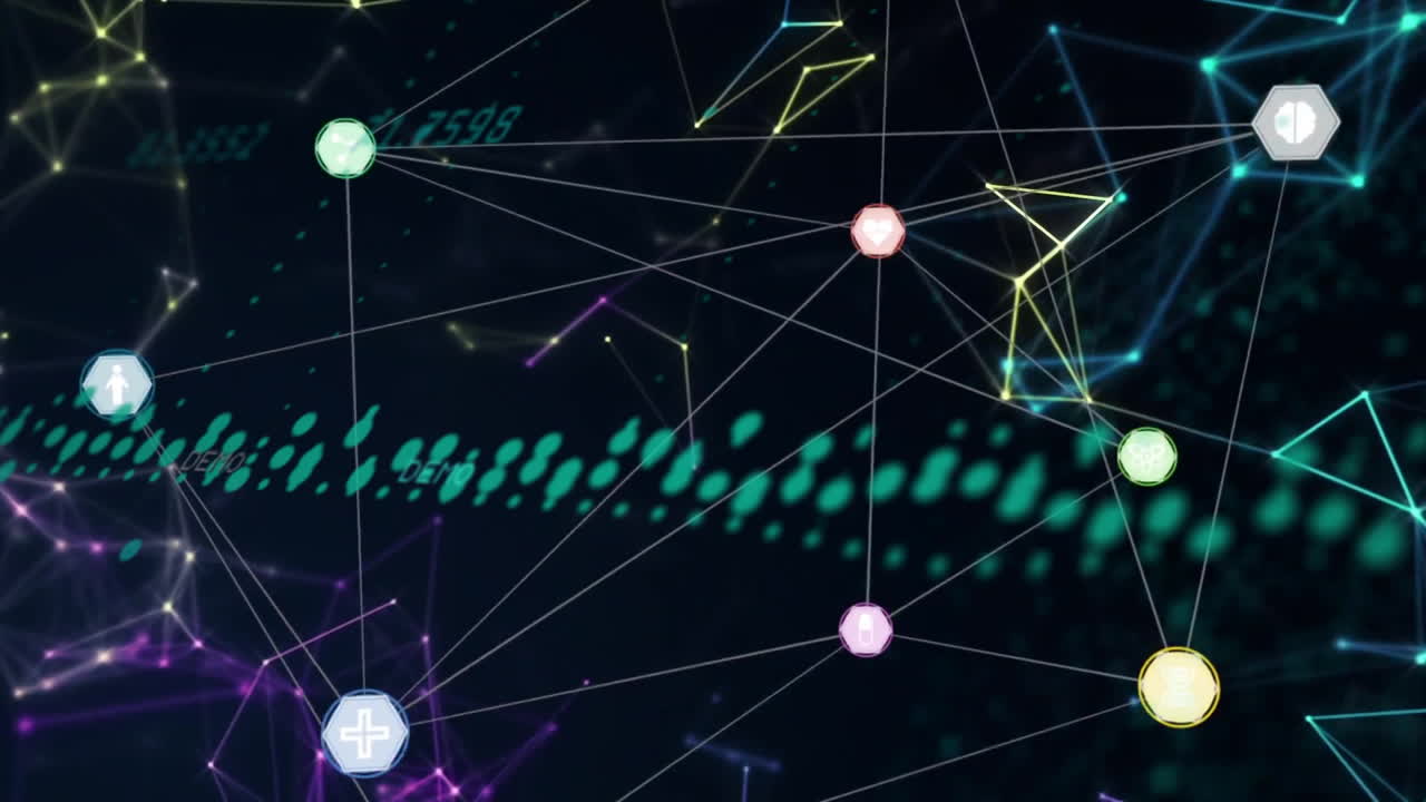 Network of connections and data processing animation over abstract background