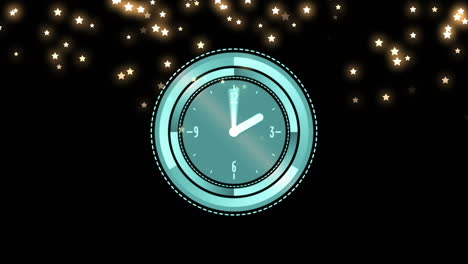 animación de reloj sobre estrellas en fondo negro