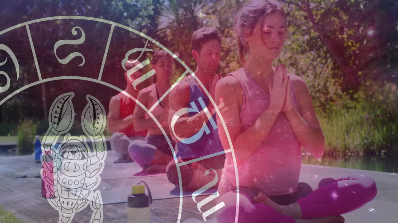 animación de la rueda del zodiaco del horóscopo sobre diversas personas que practican yoga