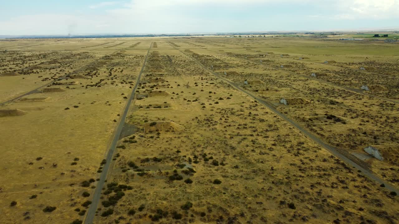 US, Oregon, Umatilla, 2025-08-03 - Drone view of abandoned storage bunkers at the former Umatilla Chemical Depot