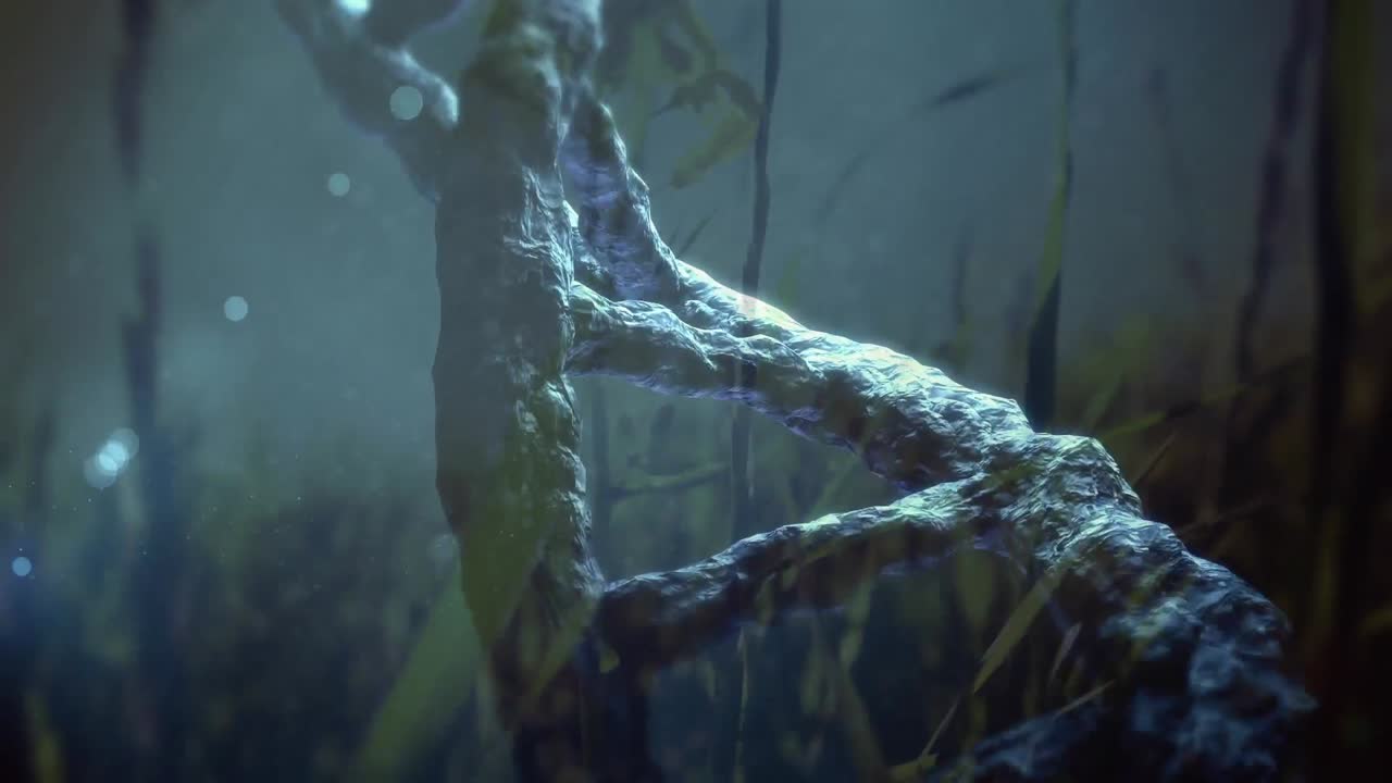 잔디와  ⁇ 빛 위에서 회전하는 3d dna 가닥의 애니메이션