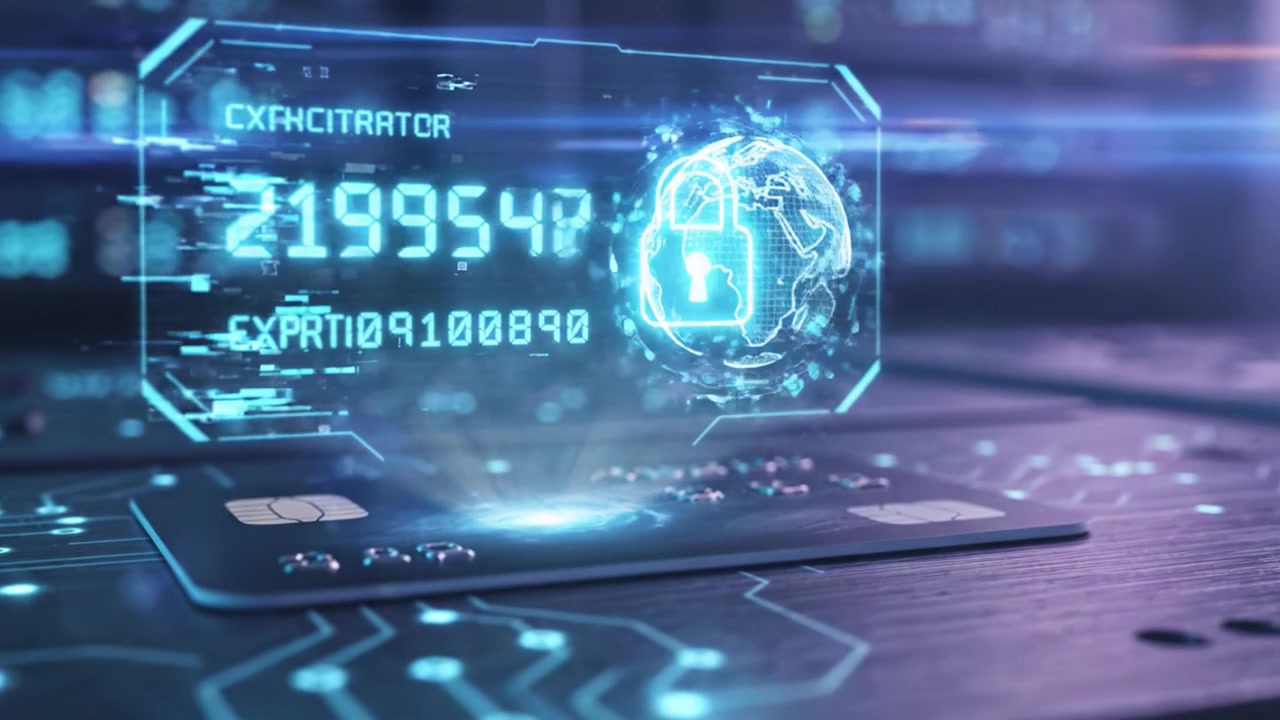 A Visual Exploration of Advanced Payment Technology Featuring Digital Payment Cards and Cybersecurity Elements in a Futuristic Data Center Environment