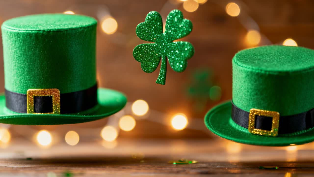 Focus pull moving green shamrock toward center on wood table to dominate scene with two hats