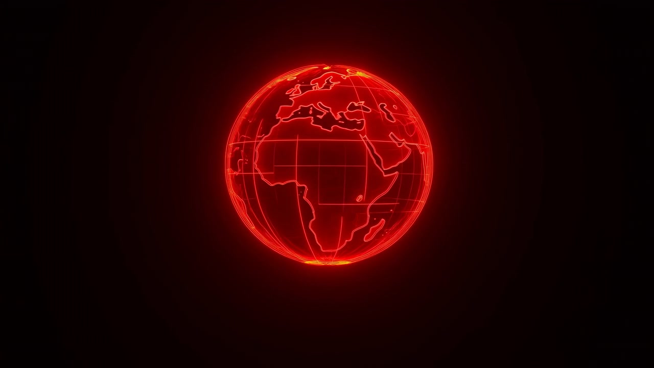 La Tierra en malla de color rojo brillante gira suavemente desde el Atlántico y África hacia Europa y Asia, con contornos continentales luminosos y líneas de cuadrícula resplandecientes en una composición oscura y centrada.