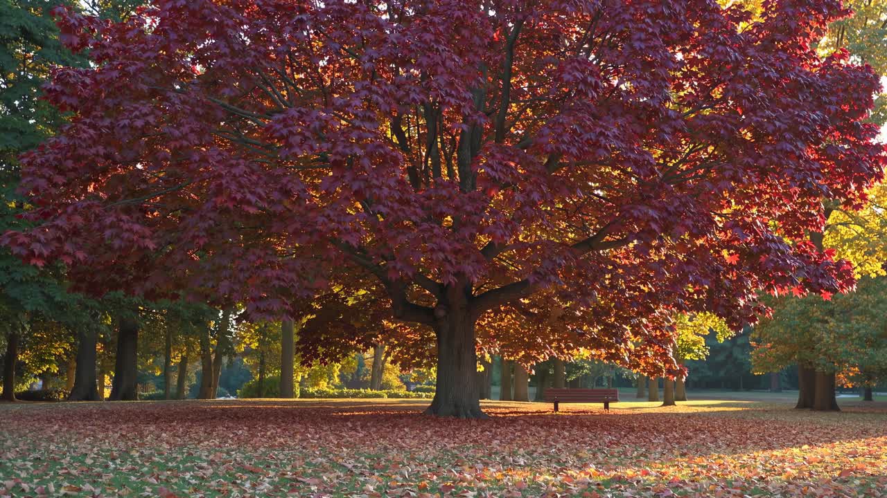 A serene park scene with a low-angle view of a majestic tree in autumn colors, perfect